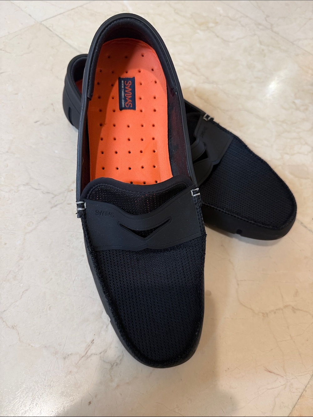 Swims Black Mesh Penny Loafers with Orange Insole